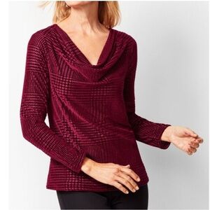 Talbots Houndstooth Velvet Burnout Cowlneck Top – Size Large red burgundy